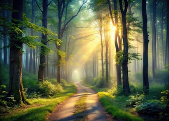 Obraz premium A serene forest trail winding through the misty dawn