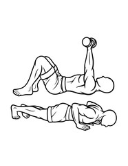 push up, shoulder muscle male dumbbell gym sport training line art, hand drawn, sketch illustration