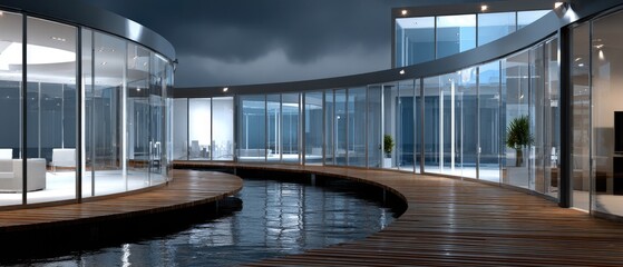 Obraz premium Curved, glass-fronted structure stands on water, contrasting against dark clouds, with sunlight breaking through for an epic ambiance