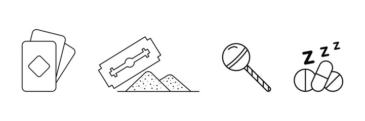 Playing cards, drug powder lollipop candy sleeping pills icon vector illustration for unhealthy addiction, harmful sweets and substance abuse concept.