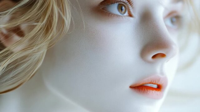Close-up portrait of a woman with vibrant orange lipstick, expressionless