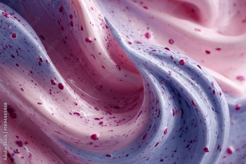 Poster pink and purple cream mixing together, creating a beautiful marble effect with small beads adding te