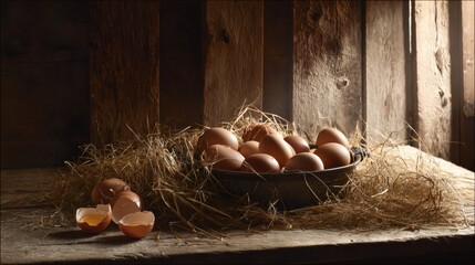 Rustic Farmhouse Table Still Life, Fresh Brown Eggs in Wheat Straw, Soft Morning Sunlight, Cracked Egg with Golden Yolk, Authentic Homestead Comfort, Extreme Close-Up
