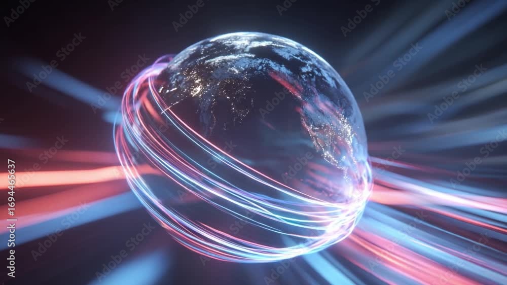 Poster global fusion: a mesmerizing depiction of the earth enveloped by a vibrant network of digital pathwa