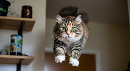 Cat jumping from shelf with paws outstretched, mid-air leap capturing agility, focus, and playful energy against a cozy indoor backdrop