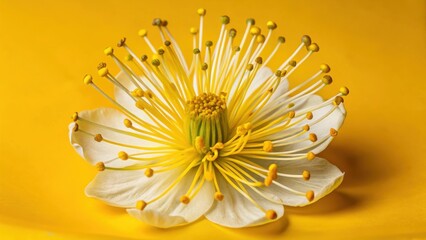 Close-up of white flower with an intricate center featuring yellow stamens and delicate filaments
