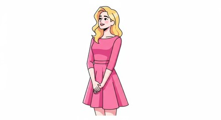 Young woman in a pink dress standing isolated on white background