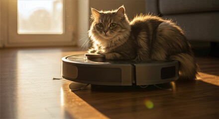 Fluffy cat perched comfortably on a robot vacuum, gliding across a sunlit wooden floor in a playful blend of pet charm and modern home tech