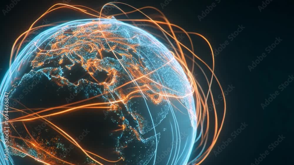Poster global network in orbit: a digital depiction of planet earth encompassed by a glowing network of int