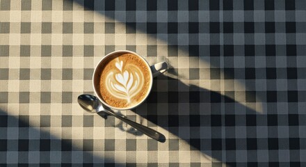 Checkered tablecloth and cappuccino cup with floral latte art, warm light casting long shadows for a cozy, inviting coffee break scene