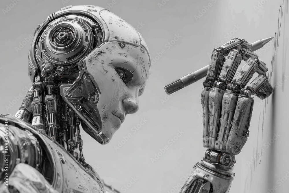 Aufkleber humanoid robot solving complex mathematical equation, writing solution with marker on whiteboard
