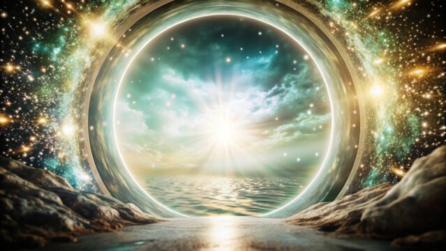 Ethereal glow emanates from a shimmering portal on an otherworldly blue background