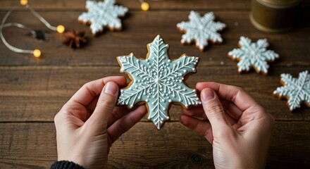 Hand holding snowflake cookie with intricate white icing over pale blue, warm festive lights and wooden surface in the background evoking cozy winter charm