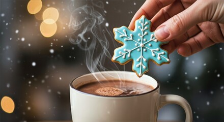 Hand holding snowflake cookie above steaming hot chocolate, soft lights and falling snow in the background evoking cozy warmth and festive winter charm