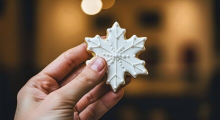 Hand holding a snowflake‑shaped cookie decorated with intricate white icing, set against a softly blurred, warmly lit background for a cozy winter holiday feel
