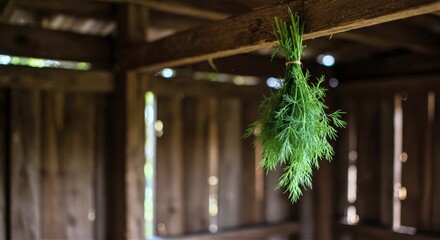 Bunch of fresh dill tied with string and hanging upside down from a wooden beam inside a rustic shed, air‑drying in soft, filtered light