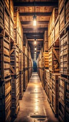 Fototapeta premium Corridor lined with stacked wooden crates