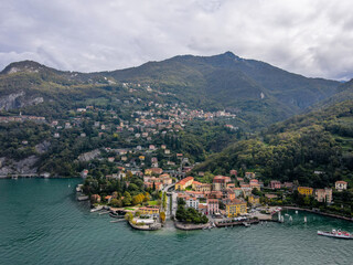 Fototapeta premium Aerial landscape of Varenna villa Lago di Como Lake in Italian Alps fall in Lombardy Italy