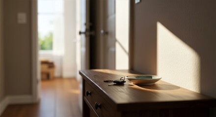 Key fob on hallway console beside ceramic bowl, natural light casting soft shadows across wooden surface for a calm, welcoming home entry scene