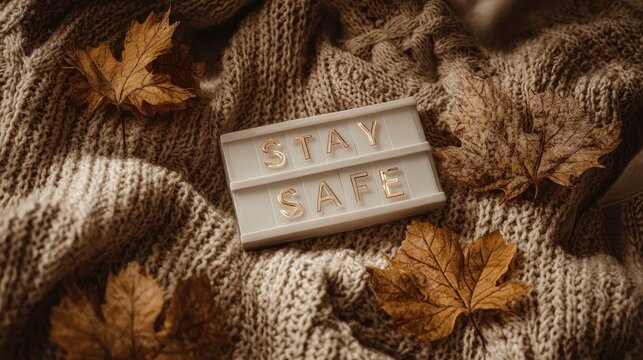 Halloween Safe. Stay Home with Text Signs in Lightbox, Cozy Sweater and Autumn Leaves Decoration - Powered by Adobe