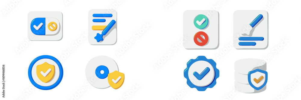 Poster 3d icon set for security and verification concepts including data protection, approval checkmarks, a