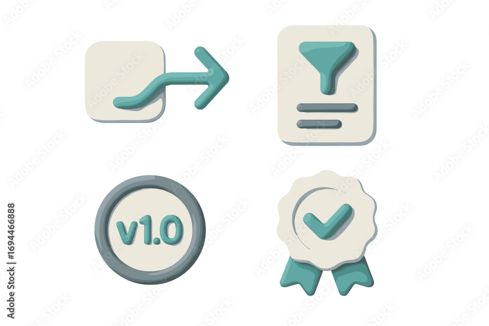 Fototapete 3d icon set with export arrow, data filter funnel, version 1.0 badge, and certified quality checkmar