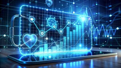 A futuristic digital display shows a glowing heart symbol and a bar graph with data analytics, representing health metrics and technological advancement in medicine