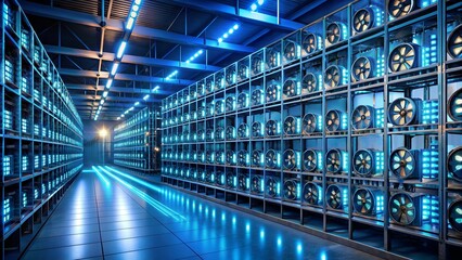 Rows of cryptocurrency mining hardware with blue lights and fans in a dark server room, representing digital currency and blockchain technology