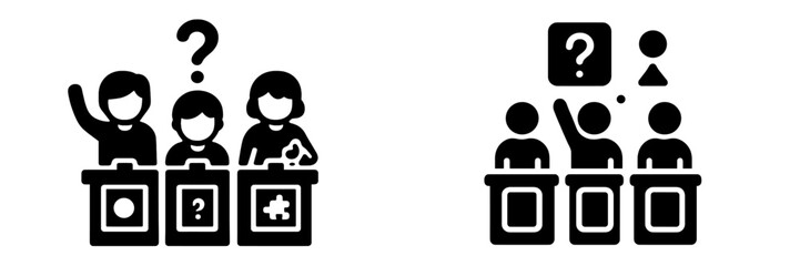 Black and white glyph icon set of a quiz game show competition with contestants at podiums raising hands to answer trivia questions