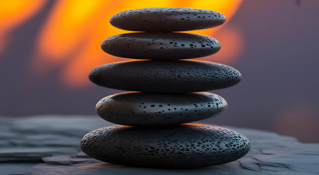 Stone Balance: The image captures a perfectly balanced tower of smooth, dark stones, set against the blurred backdrop of sunset's warm glow, evoking tranquility and harmony.