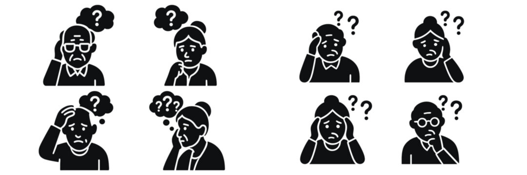 Set of black glyph icons showing elderly people with dementia and memory loss symptoms like confusion and forgetfulness