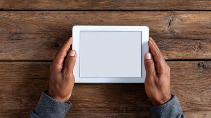 Hands Holding Blank iPad. Close Up of Man's Hands Browsing Device on Counter