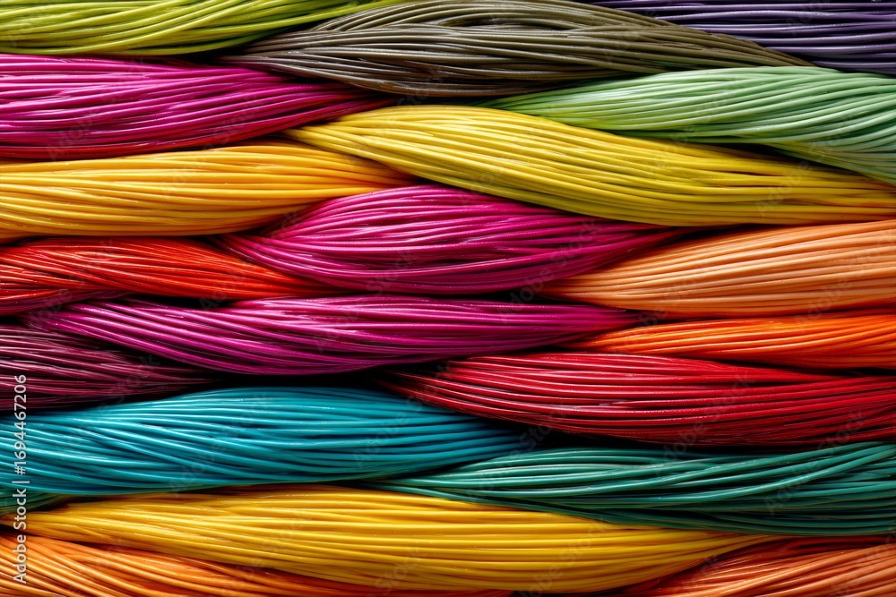 Poster intertwined colorful strands create a visually appealing woven texture, ideal for backgrounds and de