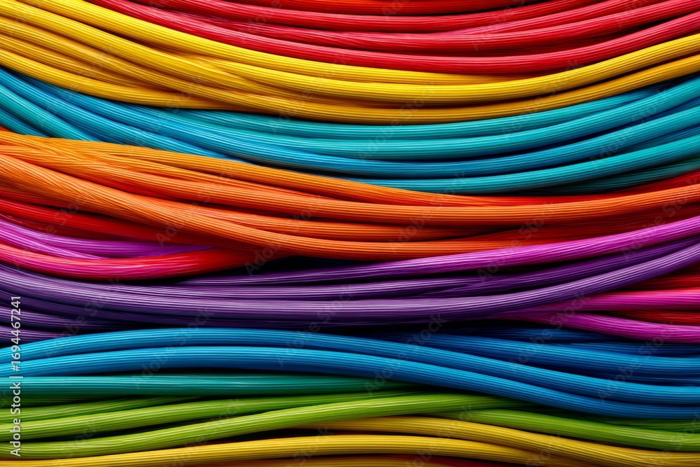 Poster intertwined cable lines create a mesmerizing rainbow pattern, showcasing a vibrant spectrum of color