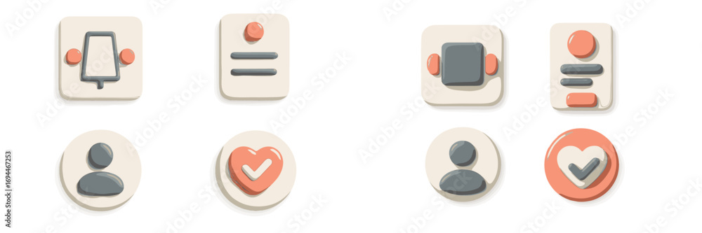 Poster 3d user interface icon set with notification bell, profile avatar, document, and heart symbols for w