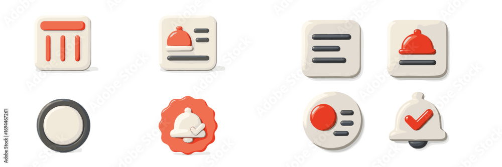 Poster collection of 3d user interface icons for web and mobile applications featuring a notification bell,