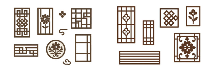 Traditional Korean window and door patterns with geometric and floral ornaments, a collection of Asian architectural design elements isolated on white