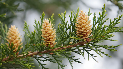 Close up showing evergreen tree branch with small cones growing during the spring season