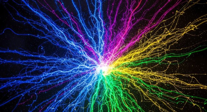 A vibrant multi-colored light burst emanates outward forming intricate glowing tendrils against a dark star-dusted background The lines display a spectrum of blue purple yellow and green hues