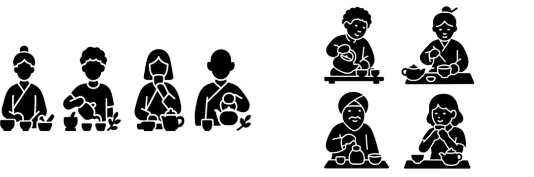 Glyphs of diverse people performing traditional tea ceremony rituals from different countries representing global culture and traditions