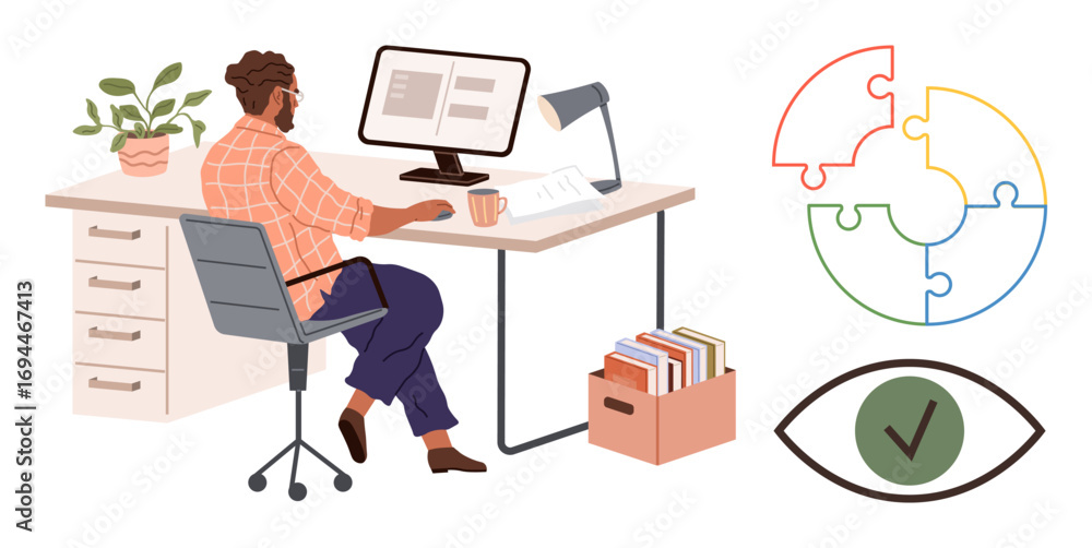Poster office worker at desk with computer monitor, coffee cup, plant, lamp, and document box. adjacent puz