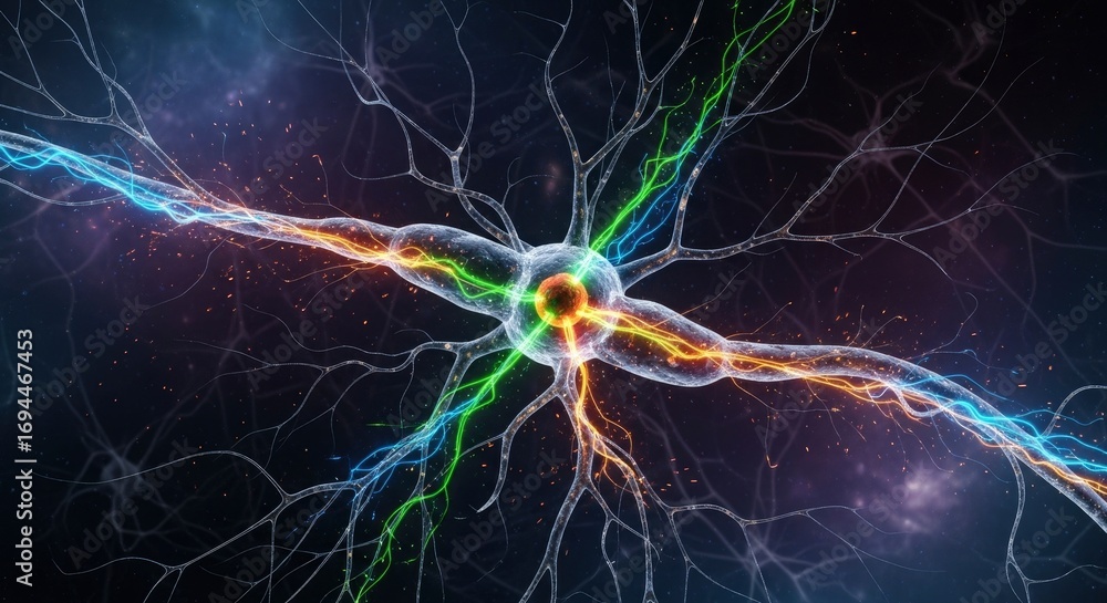 Poster a vibrant neural cell with illuminated electrical impulses flowing through its axon and dendrites ag