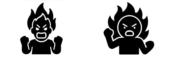 Set of angry person icons with flaming hair representing rage and frustration, black and white glyph symbol for intense emotion and stress