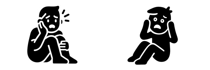 Black icons depicting a person experiencing fear, anxiety, and panic attack, representing mental health issues and stress
