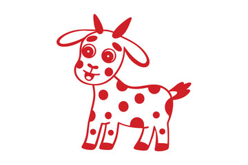 Whimsical red goat cartoon with polka dots shows a happy face on white