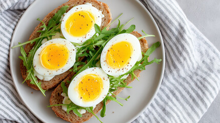 Soft boiled egg slices on whole grain bread with fresh arugula and black pepper served on white plate for healthy meal