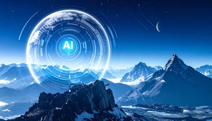 Futuristic AI display over mountain range