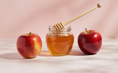 Apple and Honey: A studio shot of crisp, vibrant red apples alongside a jar of golden honey and a honey dipper, evoking the simple sweetness of nature's bounty.