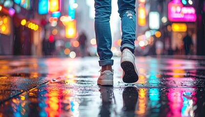Fototapeta premium Urban Lifestyle Legs – Casual Sneakers on Wet City Street with Neon Reflections