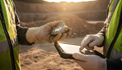 Workers examining mineral specimen using digital tablet at construction site outdoors today